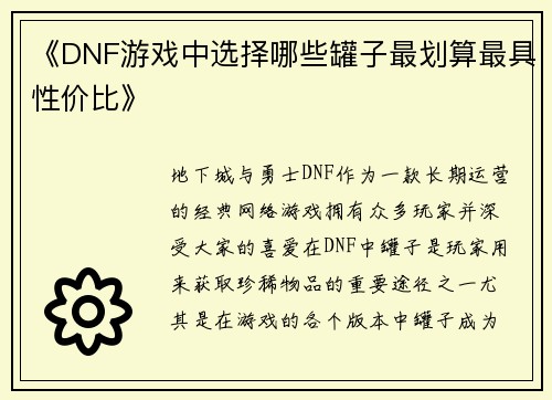 《DNF游戏中选择哪些罐子最划算最具性价比》
