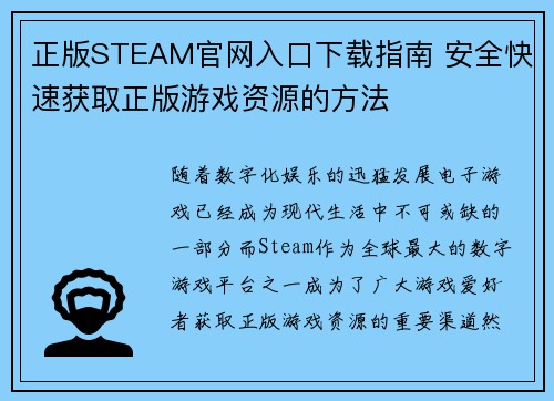 正版STEAM官网入口下载指南 安全快速获取正版游戏资源的方法